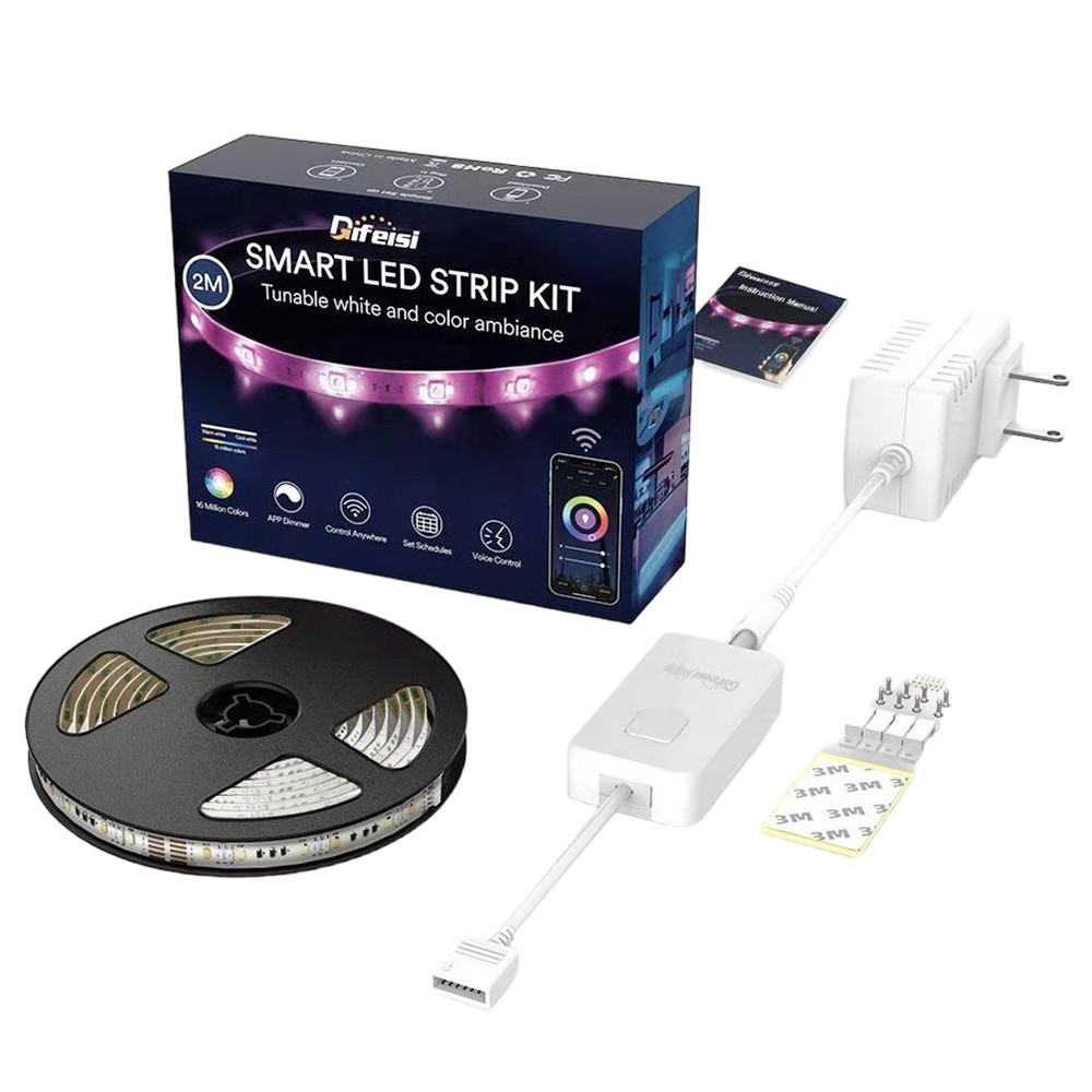 

Difeisi Smart LED Strip Kit, 2m Length, 280lm/m RGB Light Strip, 16 Million Colors, 3000-6500K Color Temperature, Music Rhythm, Tuya Smart APP Control, Voice Control, Extendable to 5m - US Plug