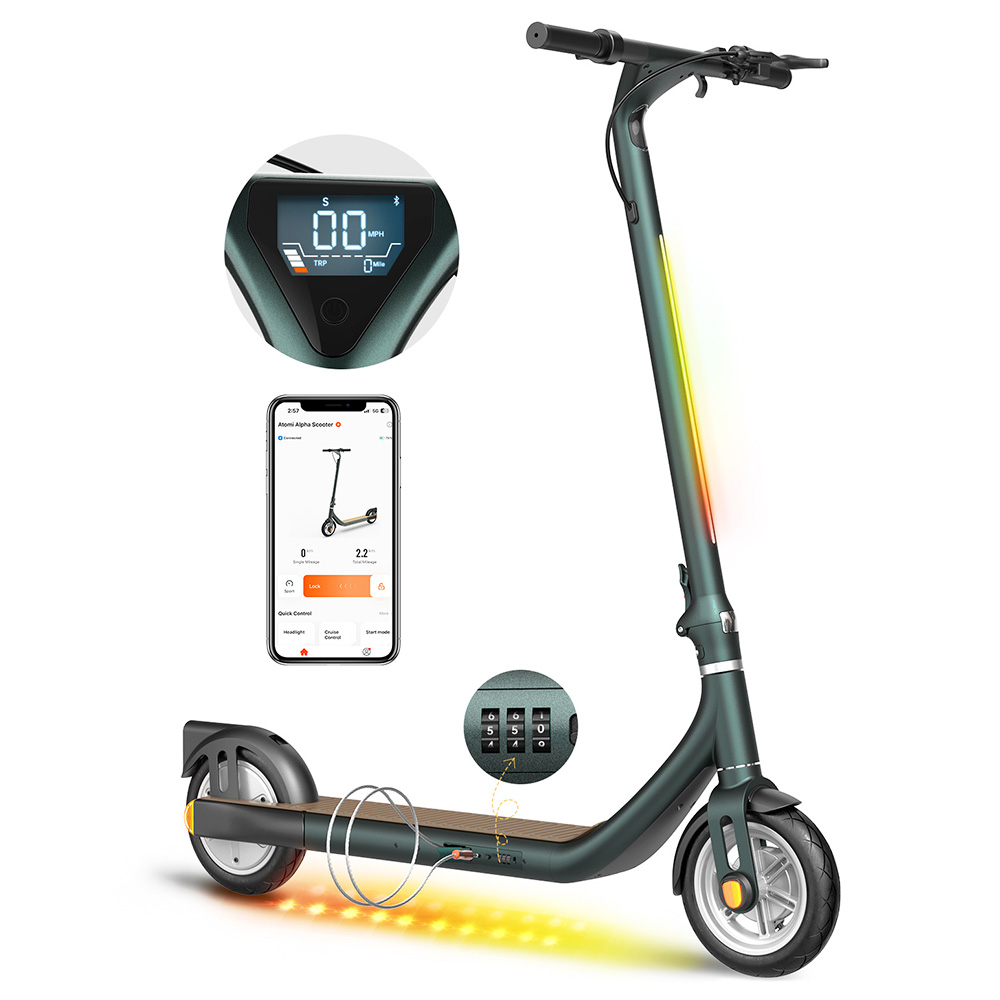 

Atomi Alpha Folding Electric Scooter 9 Inch Tires 350W Motor (Peak 650W) 36V 10Ah Battery for 25 Miles Range 25Km/h Max Speed 120KG Max Load Support App Control Built-in Combination Lock - Green