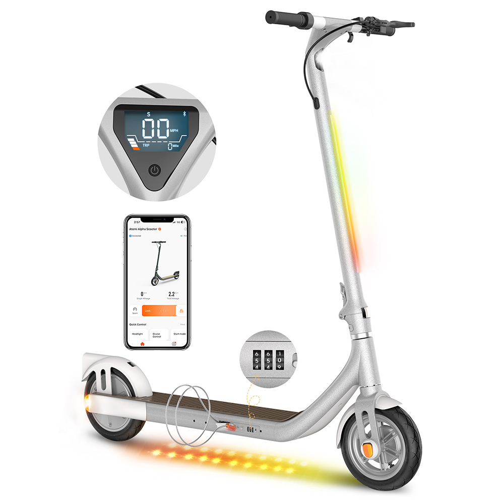 Atomi Alpha Folding Electric Scooter 9 Inch Tires 350W Motor (Peak 650W) 18.5 Mph Max Speed 36V 10Ah Battery for 25 Miles Max Range 265lbs Max Load Support App Control Built-in Combination Lock - Zinc White