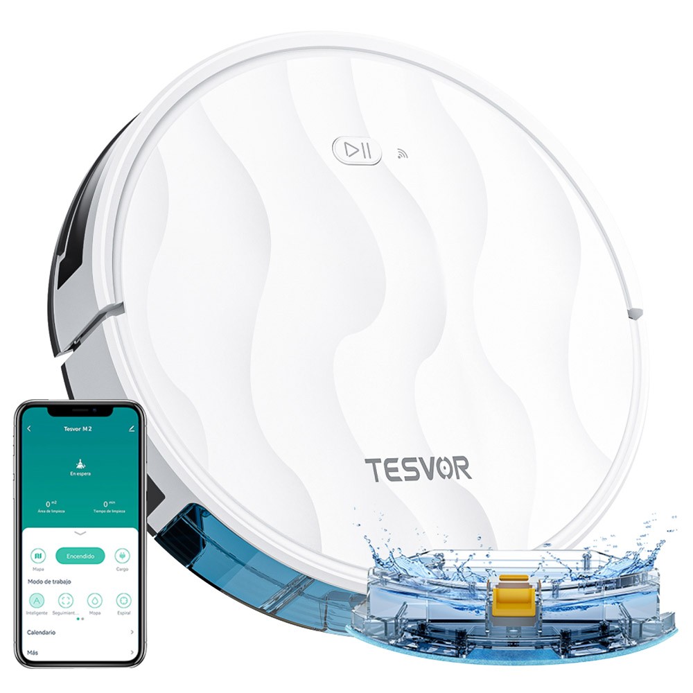 

Tesvor M2 Robot Vacuum Cleaner with Mop Function, 6000Pa Suction, Gyroscope Navigation, 600ml Dustbin, 150Mins Runtime, 120sqm Max Vacuuming Area, App Control / Remote Control - White