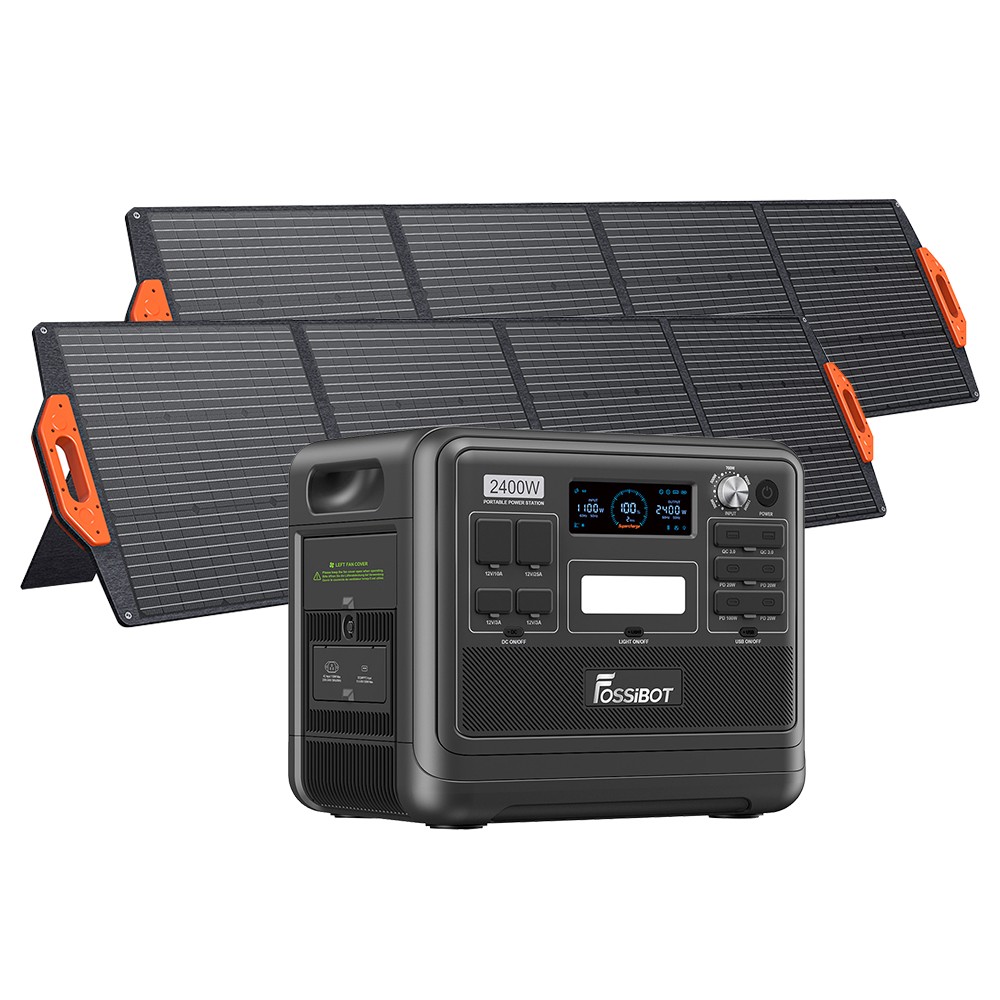 FOSSiBOT F2400 Portable Power Station Kit + 2 x FOSSiBOT SP200 18V 200W Foldable Solar Panel, 2048Wh LiFePO4 Battery 2400W Output Solar Generator, 3xAC RV Car USB Type-C QC3.0 PD DC5521 Pure Sine Wave Full Outlets, 1.5H Fast Charging, Outdoor