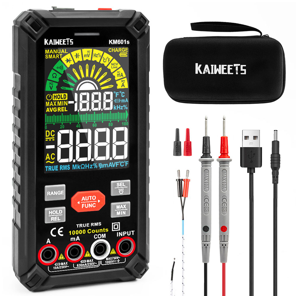 

KAIWEETS KM601S Digital Multimeter 10000 Counts True-RMS Meter Smart Mode Manual Mode Rechargeable Battery Flashlight Auto-Lock - Black