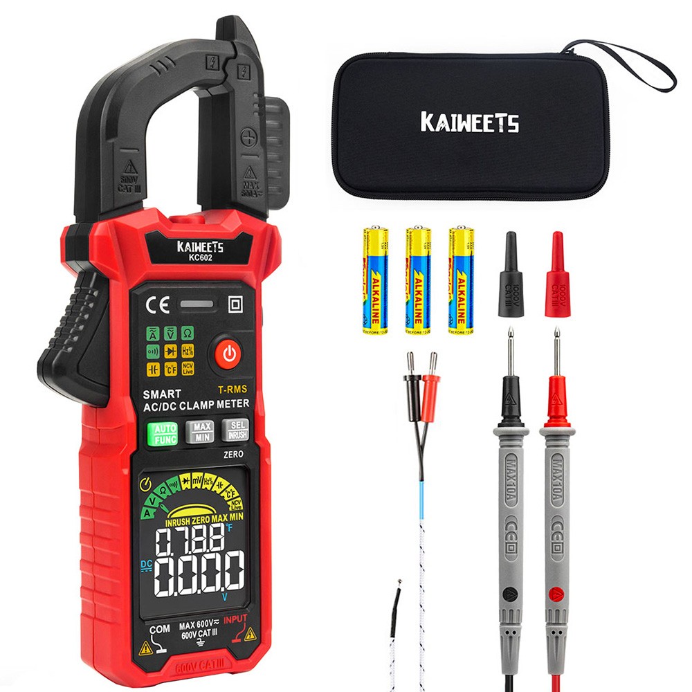 

KAIWEETS KC602 Smart Digital Clamp Meter, 6000 Counts True-RMS, Auto Range, AC/DC Current, NCV Detection Function, Red