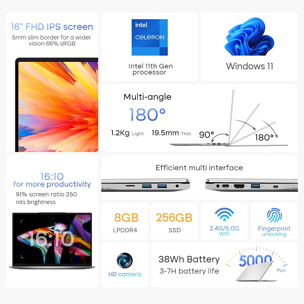 DERE R16 Air 16in Laptop Intel Celeron N4500 8GB LPDDR4 256GB SSD
