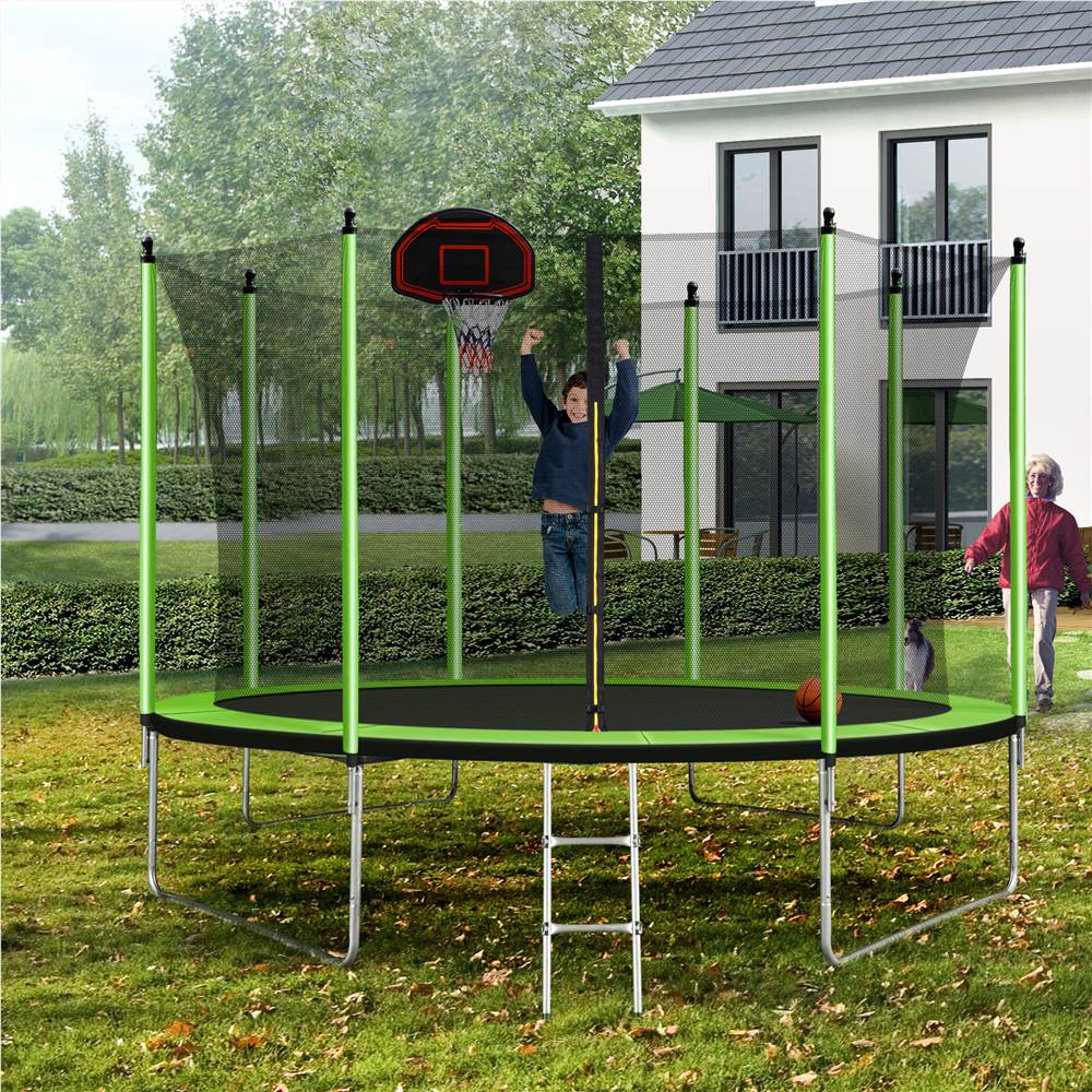 10FT  Trampoline with Basketball Hoop Inflator and Ladder(Inner Safety Enclosure) Green