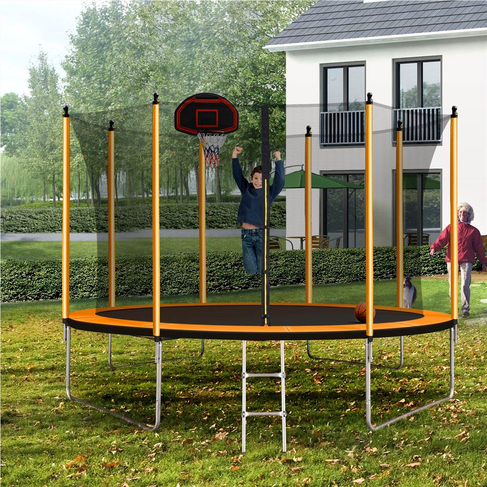 

10FT Trampoline with Basketball Hoop Inflator and Ladder(Inner Safety Enclosure) Orange