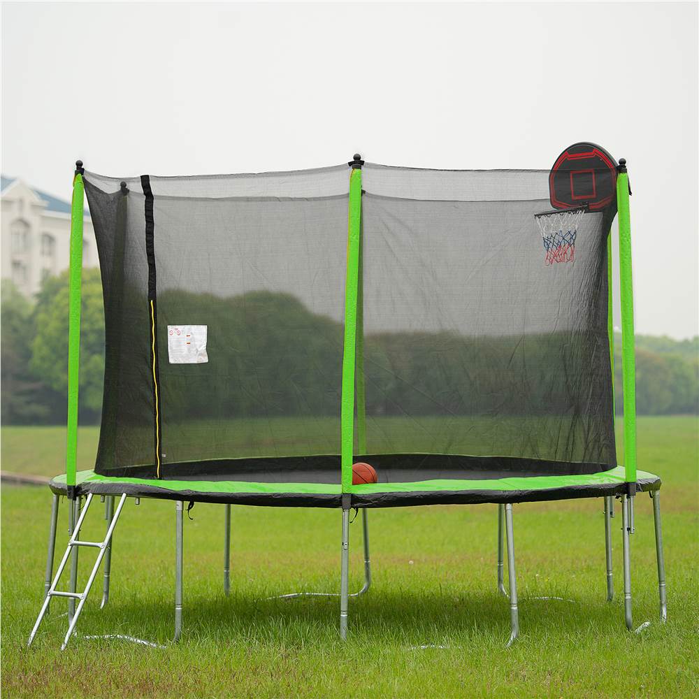 

15FT Trampoline with Basketball Hoop Inflator and Ladder(Inner Safety Enclosure) Green
