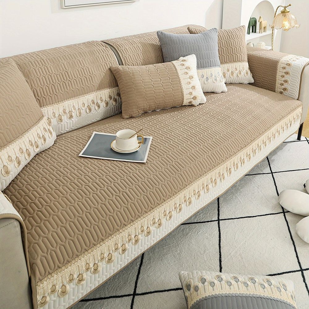 

90-70cm Feather Embroidery Quilted Couch Cover - Khaki