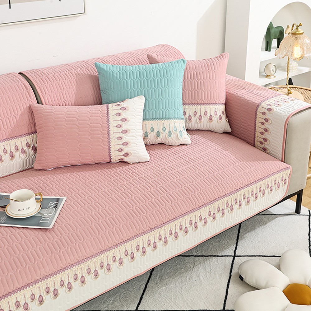 

90-70cm Feather Embroidery Quilted Couch Cover - Pink
