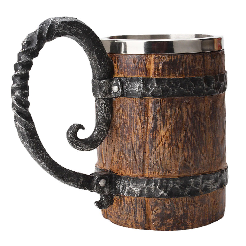 

550ml Imitation Wooden Barrel Viking Beer Mug, Double-Layer, Stainless Steel Liner