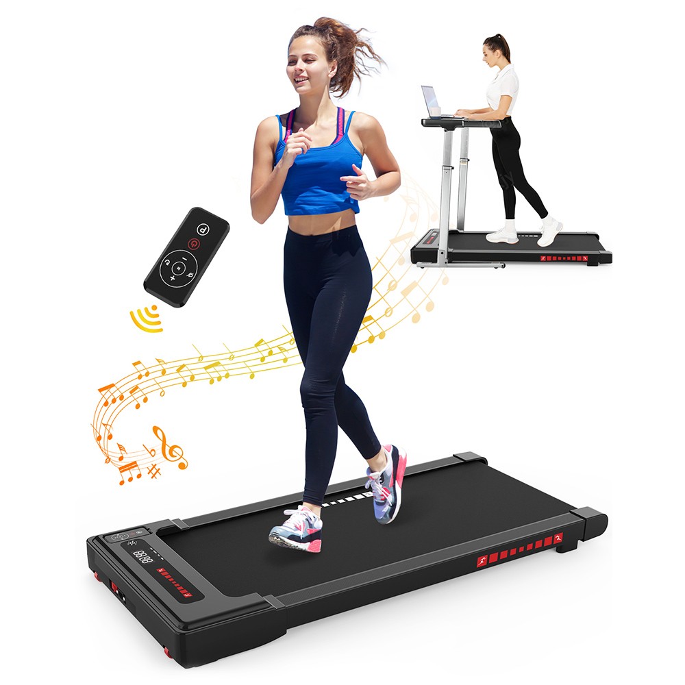 KRD-Q20 2 in 1 Under Desk Treadmill with Bluetooth Music, 2.5HP Motor, 265 LBS Load-Bearing, 1-6KM/H Speed, P1-P12 Program, LED Display, Remote Control - Black