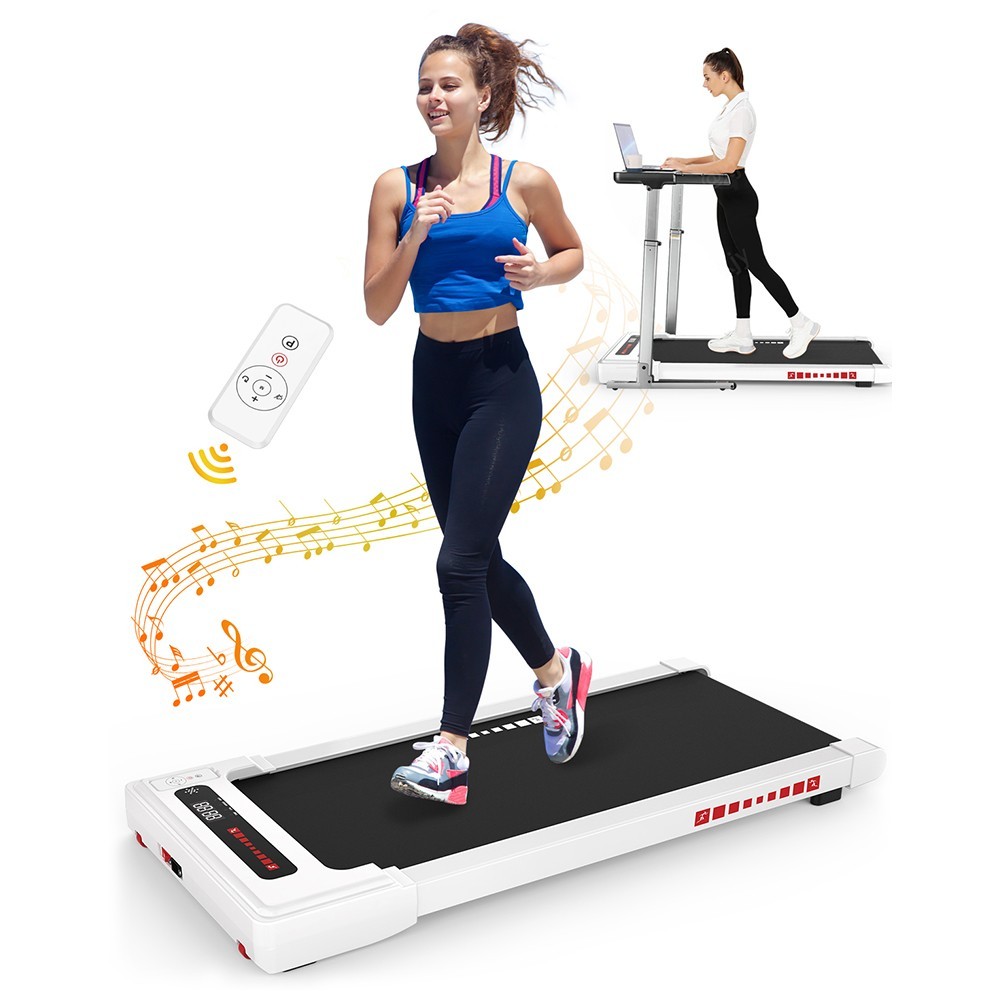 KRD-Q20 2 in 1 Under Desk Treadmill with Bluetooth Music, 2.5HP Motor, 265 LBS Load-Bearing, 1-6KM/H Speed, P1-P12 Program, LED Display, Remote Control - White