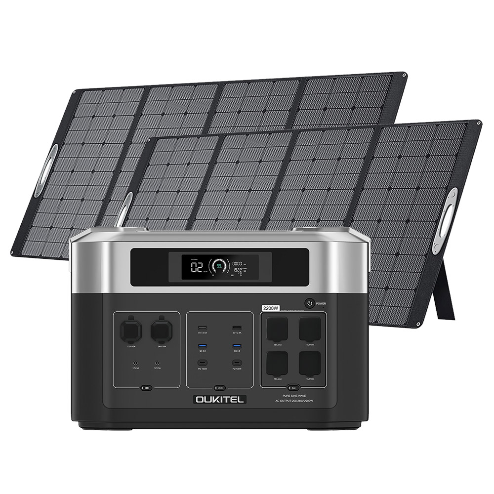 

(Free Gift MC4 Cable for Micro-inverter) OUKITEL BP2000 Portable Power Station + 2 x OUKITEL PV400 Solar Panel, 2048Wh/640000mAh LiFePO4 Battery Solar Generator, 2200W AC Output, 2000W UPS, 1800W AC Charging, Expand Up to 7 Battery Packs, 15 Outputs
