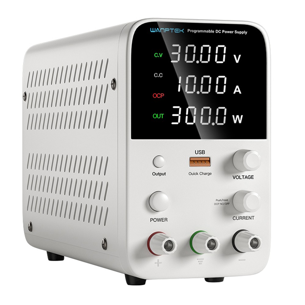 WANPTEK WPS3010 Programmable Regulated DC Power Supply, 30V 10A, Encoder Adjustment, USB Fast Charge, Intelligent Temperature Control, 4-Digit Display, Low Ripple, Low Noise White - EU Plug
