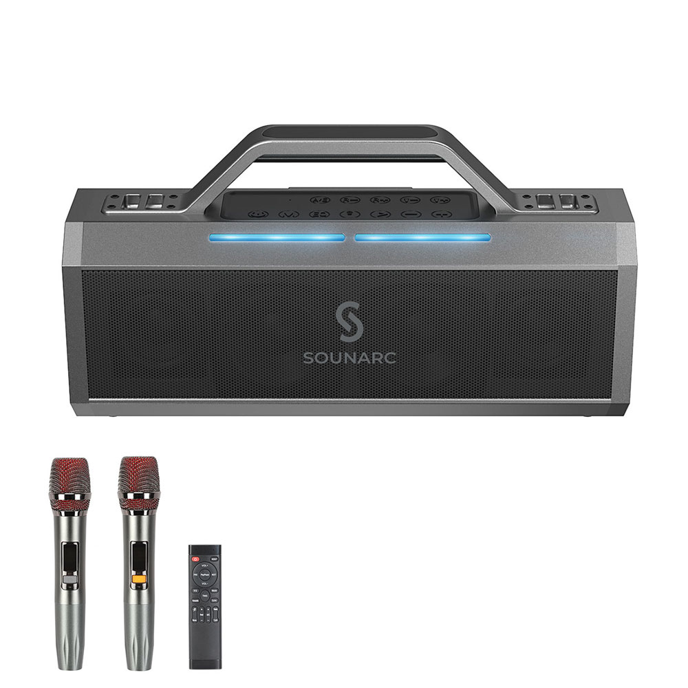 

SOUNARC K1 Karaoke Party Speaker, 150W Output, Dynamic 2.2 Channel System, Dual Mic, Lighting Mode, IPX6, TWS, Up to 18 Hours Playtime at 50% Volume