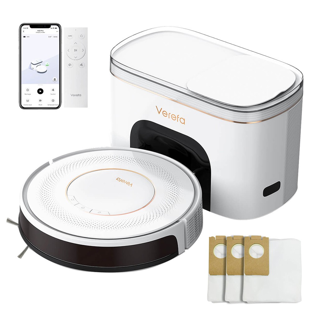 

Verefa V60 Pro Robot Vacuum Cleaner, Self Emptying, 3200Pa Suction, 2L Dust Bag, Quiet Cleaning, Smart Navigation 2.0, 150Mins Max Runtime, APP/Remote Control - White