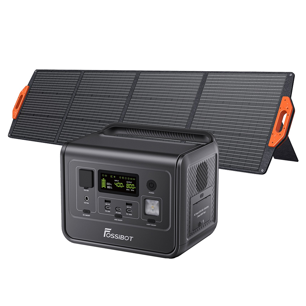 

FOSSiBOT F800 Portable Power Station + FOSSiBOT SP200 Foldable Solar Panel, 512Wh LiFePO4 Solar Generator, 800W AC Output, 200W Max Solar Input, 8 Outlets, LED Light - Black