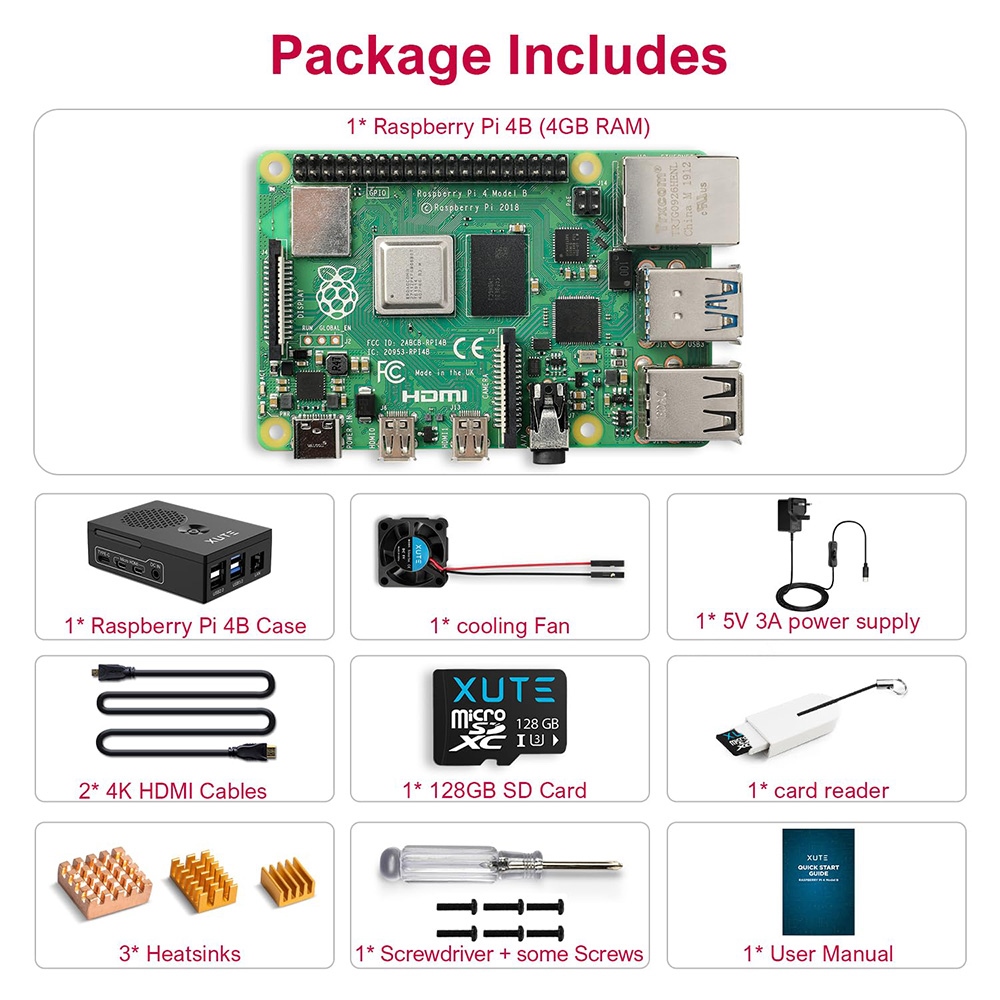 Raspberry Pi 4 Model B 4GB RAM Starter Kit with 128GB Micro SD Card ...