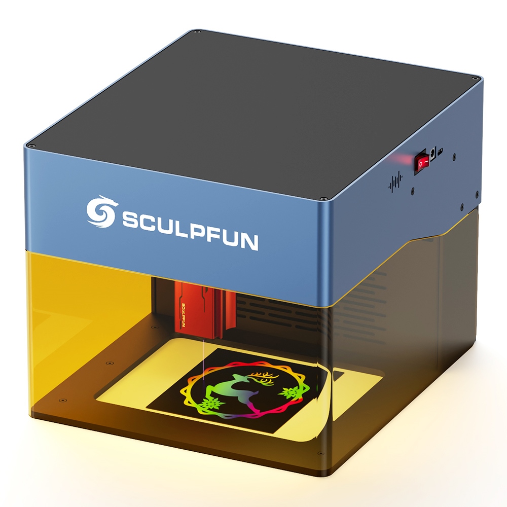 SCULPFUN iCube Pro 5W Laser Engraver, 0.06mm Laser Spot, 10000mm/min Engraving Speed, 32-bit Motherboard, Replaceable Lens, Smoke Filter, Temperature Alarm, App Connection, 130x130mm - US Plug