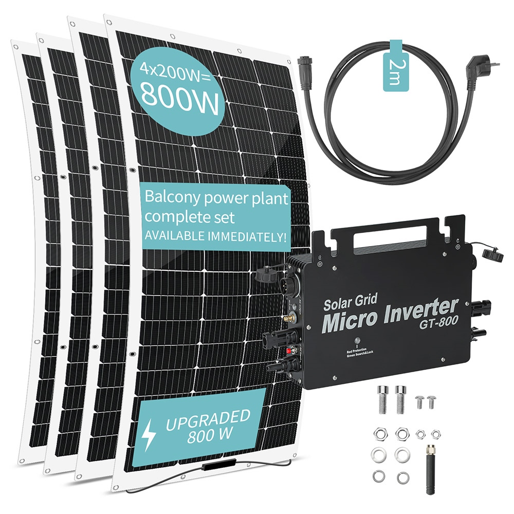 

LANPWR 800W Balcony Power Plant with 4 x 200W Flexible Solar Panels, 800W Solar Grid Micro Inverter, 23% Solar Conversion Efficiency, 99.80% Static MPPT Efficiency, WiFi Connection, IP67 Waterproof, Overvoltage Protection