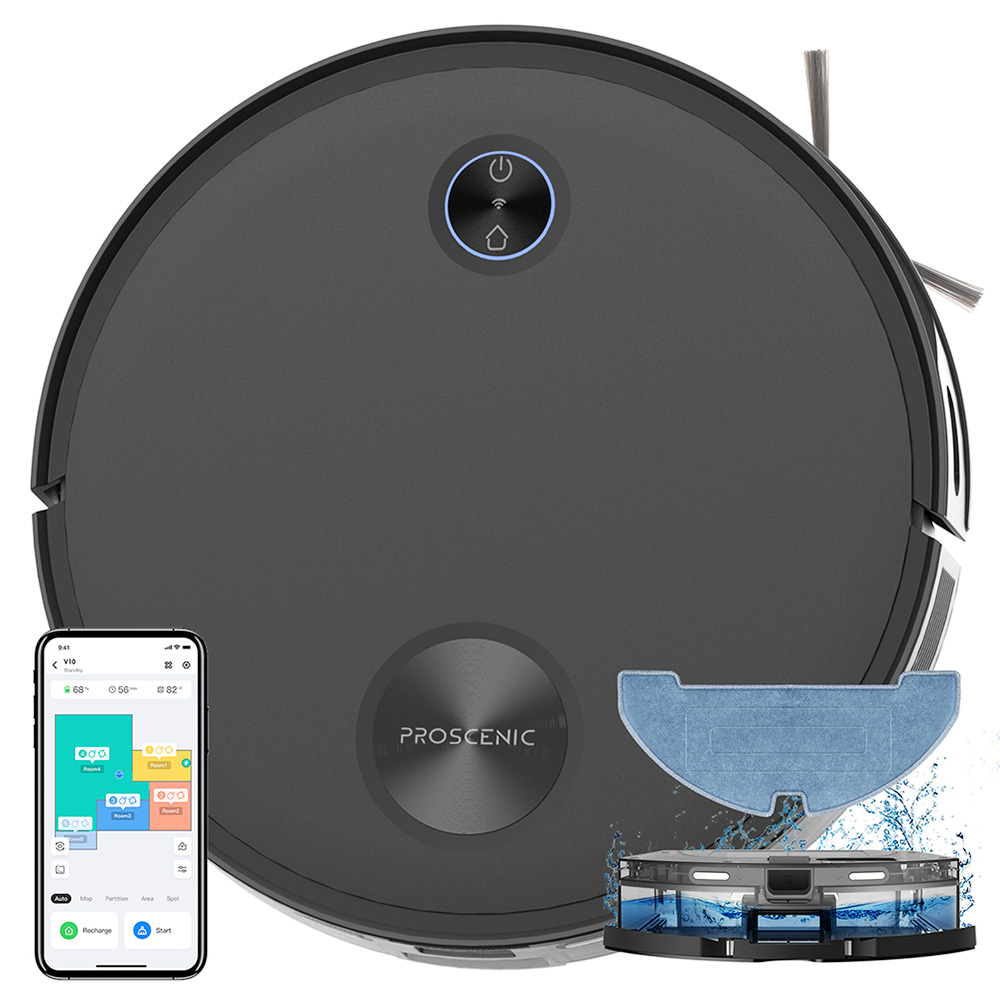 Proscenic V10 Robot Vacuum Cleaner 3 In 1 Vacuuming Sweeping and Mopping 3000pa Vibrating Mopping System LDS Navigation 240ml Dust Bin 2600mAh Battery 120Mins Runtime Smart APP & Alexa Control - Black