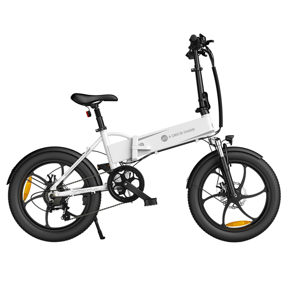 

ADO A20+ Electric Folding Bike 20 inch City Bicycle 250W Hall Brushless Gear DC Motor SHIMANO 7-Speed Rear Derailleur 36V 10.4Ah Removable Battery 25km/h Max speed up to 60km Max Range IPX5 Double Shock-absorption Aluminum alloy Frame - White