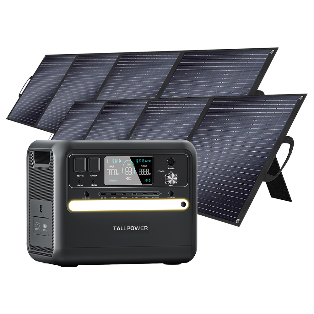 

TALLPOWER V2400 Portable Power Station + 2 x TALLPOWER TP200 200W Foldable Solar Panel, 2160Wh LiFePo4 Solar Generator, 2400W AC Output, Adjustable Input Power, PD 100W USB-C, UPS Function, LED Light, 13 Outputs - Black
