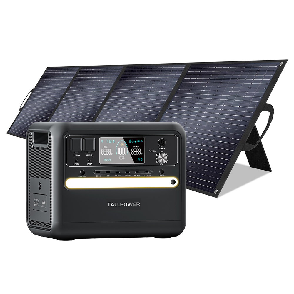 

TALLPOWER V2400 Portable Power Station + TALLPOWER TP200 200W Foldable Solar Panel, 2160Wh LiFePo4 Solar Generator, 2400W AC Output, Adjustable Input Power, PD 100W USB-C, UPS Function, LED Light, 13 Outputs - Black