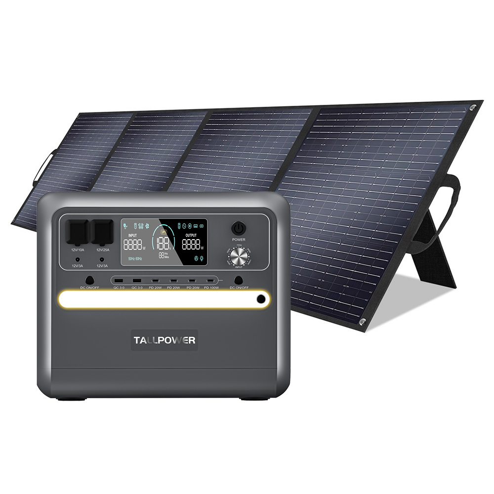 TALLPOWER V2400 Portable Power Station + TALLPOWER TP200 200W Foldable Solar Panel, 2160Wh LiFePo4 Solar Generator, 2400W AC Output, Adjustable Input Power, PD 100W USB-C, UPS Function, LED Light, 13 Outputs - Grey