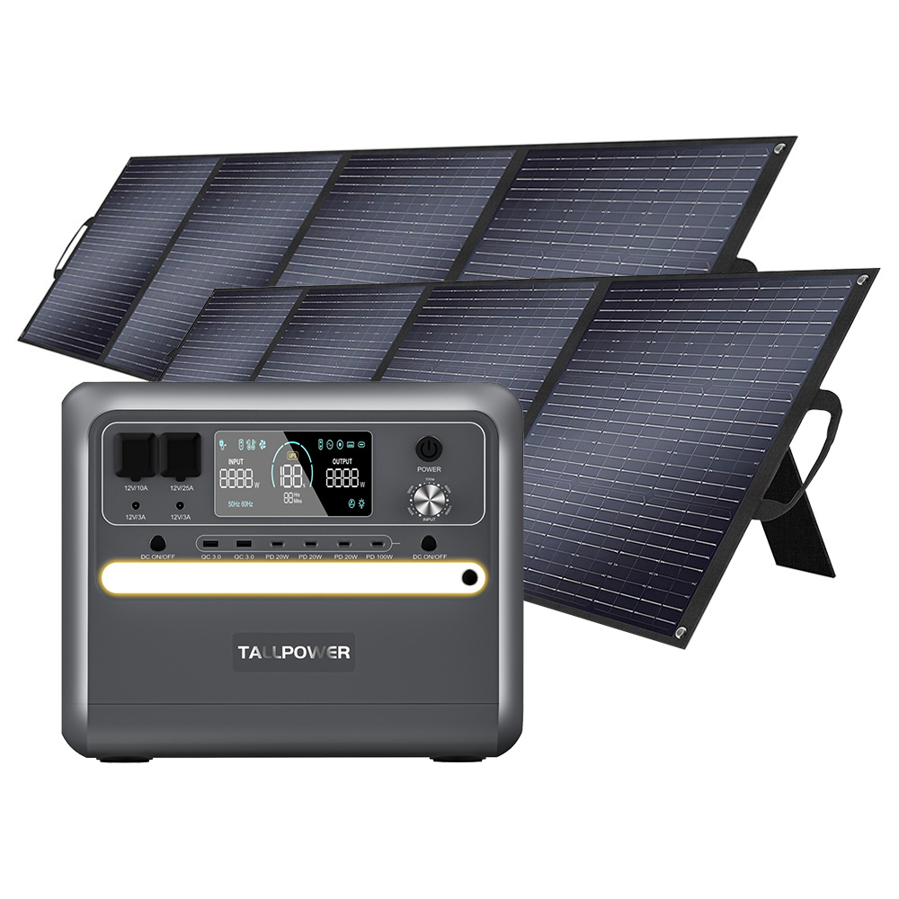 TALLPOWER V2400 Portable Power Station + 2 x TALLPOWER TP200 200W Foldable Solar Panel, 2160Wh LiFePo4 Solar Generator, 2400W AC Output, Adjustable Input Power, PD 100W USB-C, UPS Function, LED Light, 13 Outputs - Grey