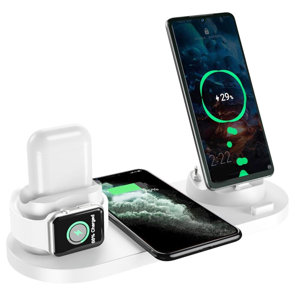 

6 in 1 15W Wireless Charger Mobile Phone Earphone Wireless Fast Charging Bracket - White