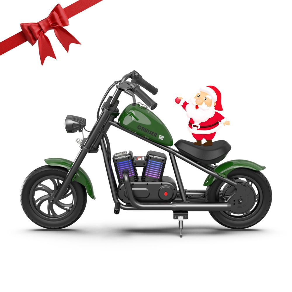 

HYPER GOGO Cruiser 12 Plus Electric Motorcycle for Kids 24V 5.2Ah Battery 160W Motor 10MPH Max Speed 12" x 3" Tires, 7.5 Miles Max Range with Odometer, Ambient Lights, Simulated Smoke, Bluetooth Speaker - Green