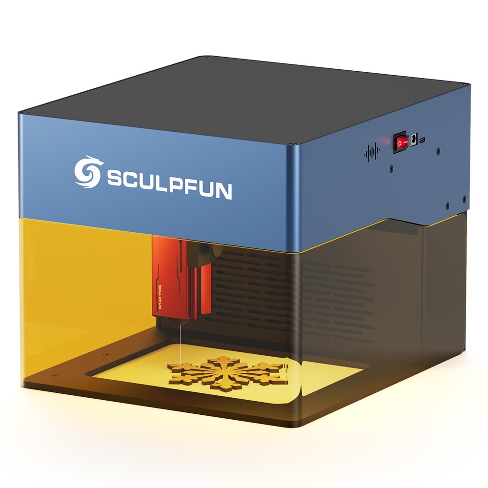 

SCULPFUN iCube Pro 5W Laser Engraver, 0.06mm Laser Spot, 10000mm/min Engraving Speed, 32-bit Motherboard, Replaceable Lens, Smoke Filter, Temperature Alarm, App Connection, 130x130mm