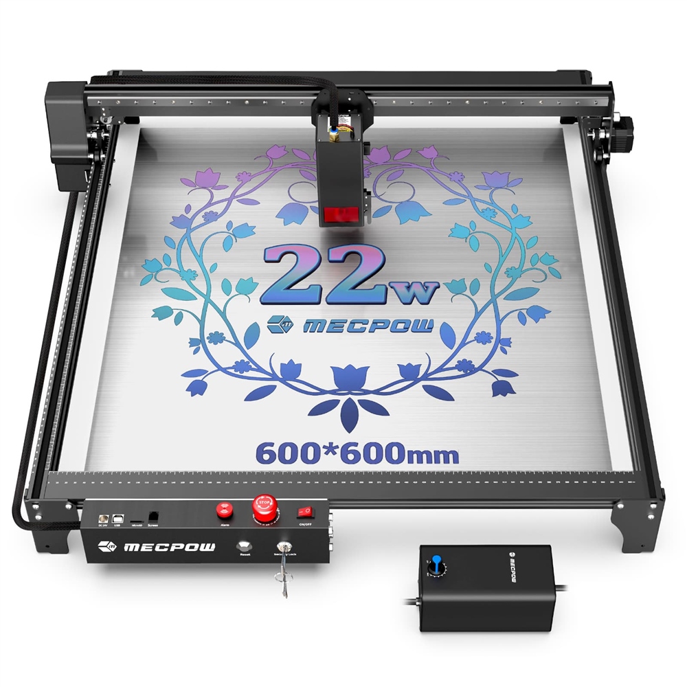 Mecpow X5 Laser Engraver Cutter, 22W Laser Power, Air Assist, 0.08x0.1mm Laser Spot, 28000mm/min Engraving Speed, Safety Lock, Emergency Stop, Flame Detection, 600x600mm