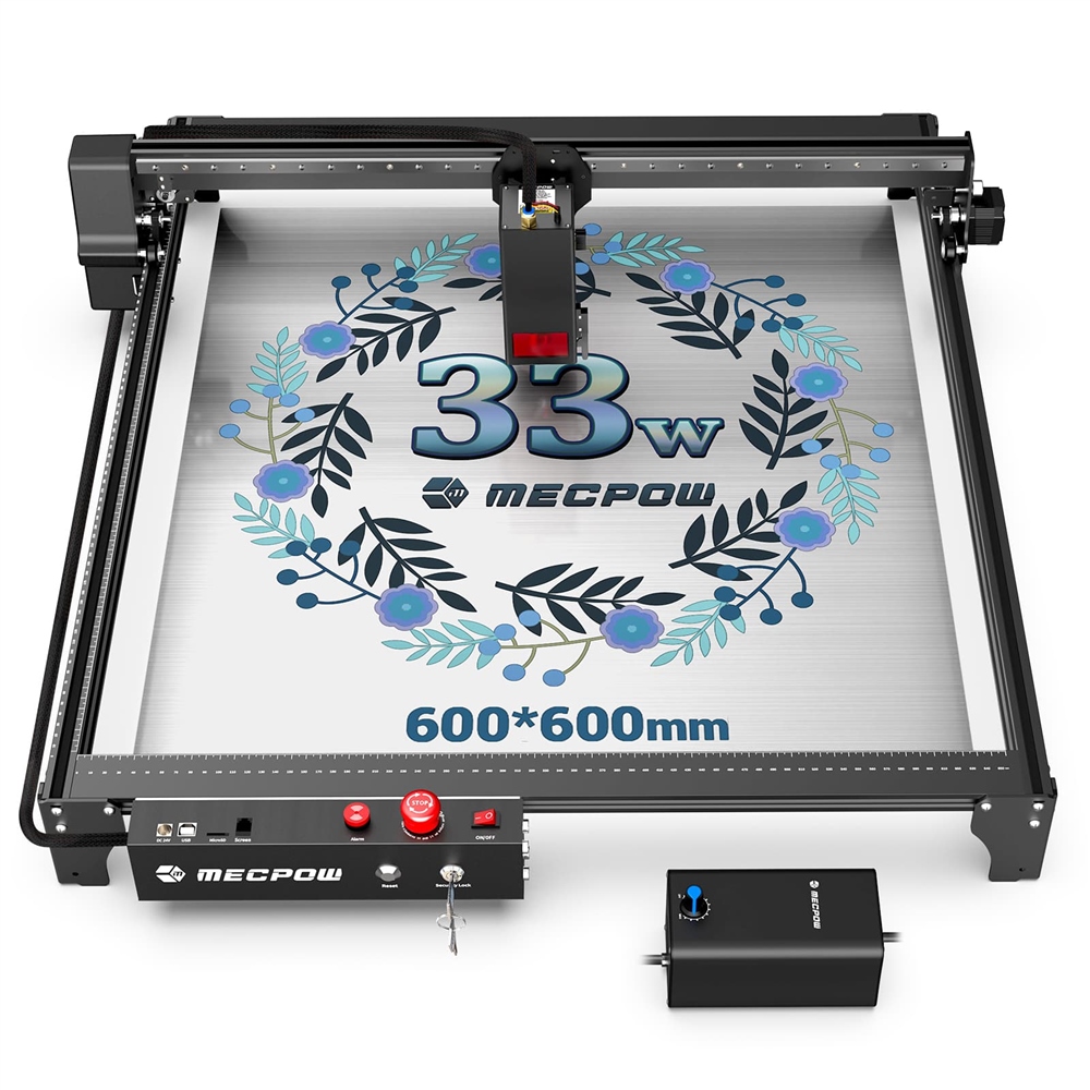 

Mecpow X5 Pro Laser Engraver Cutter, 33W Laser Power, Auto Air Assist, 0.08x0.1mm Laser Spot, 28000mm/min Engraving Speed, Safety Lock, Emergency Stop, Flame Detection, Offline Engraving, 600x600mm