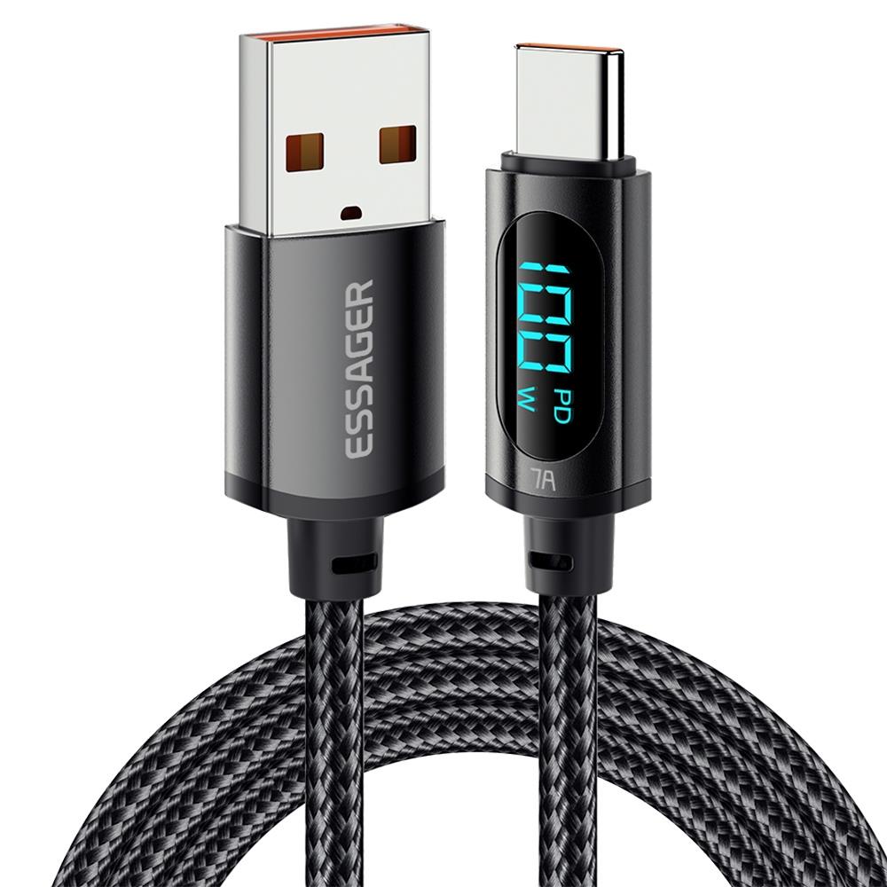

ESSAGER 7A USB Type-C Cable with Digital Display, PD 100W Fast Charge, 1m Cable, for Huawei Xiaomi Samsung OPPO Fast Charging Smartphones, Black