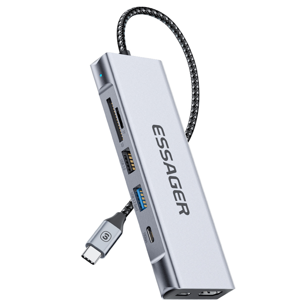 

ESSAGER 8-in-1 USB Hub, USB Type-C to HDMI, 4K HD Display, 10Gpbs Transmission Speed, 1*USB3.2 1*USB2.0 1*SD Card Slot 1*TF Card Slot, Compatible Laptop Dock Station for MacBook Pro, MacBook Air, Support Windows, Linux, iPad OS
