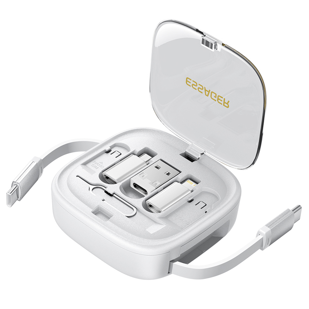 ESSAGER Type-C To Type-C Data Cable, Micro / USB / Lightning Connectors, PD 60W Fast Charging, 480Mbps Transmission Rate, Travel Multifunctional Charge Cord with Storage Box, for Laptops / Tablets / Mobile Phones - White