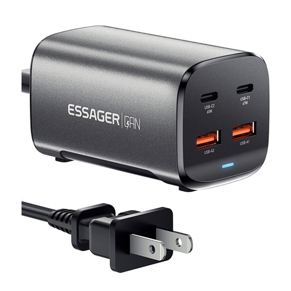 ESSAGER 67W GaN Desktop Charger, 2 USB-A + 2 Type-C, PD 3.0 QC 3.0 Fast Charging, Intelligent Charging Protection, for MacBook Samsung POPC iPhone 15 Laptop - US Plug