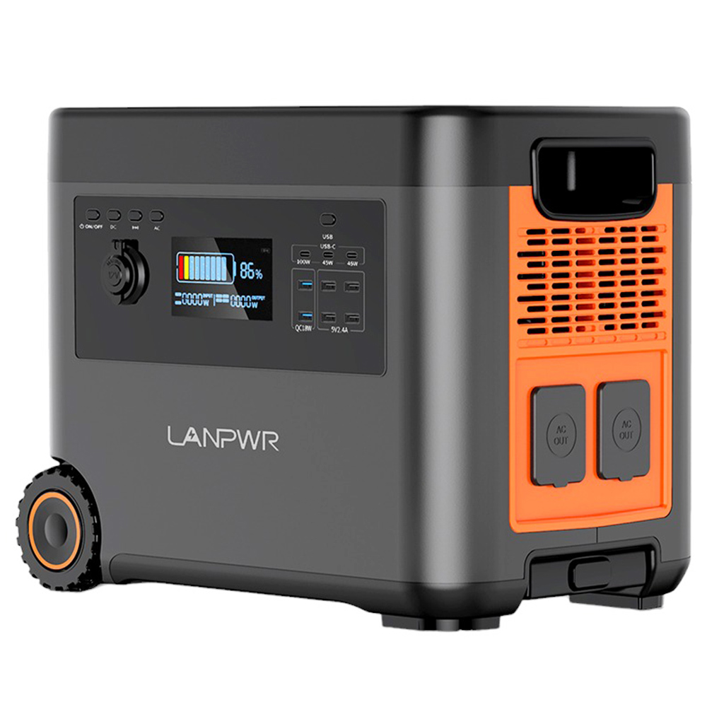 LANPWR 2500W Portable Power Station, 2160Wh LifePo4 Solar Generator, 15W Wireless Charging, 14 Outlets, 65 Mins AC Fast Charging, for Balcony Solar System, Camping, RV Trip, Outdoor Party, Home Use - Black and Orange