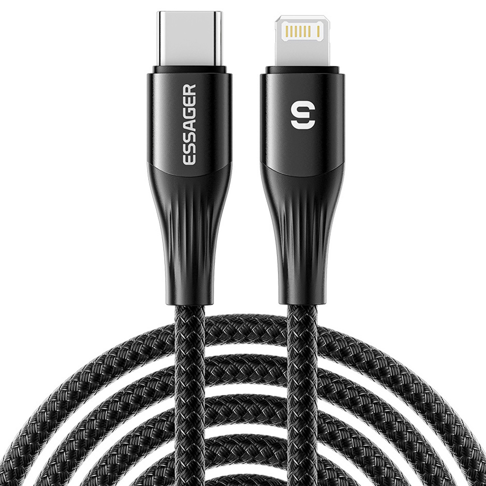

ESSAGER PD29W Fast Charging Data Cable, Type-C to Lightning, 480Mbps Transfer Rate, for iPhone 14 13 12 Pro Max, 1m Cable, Black