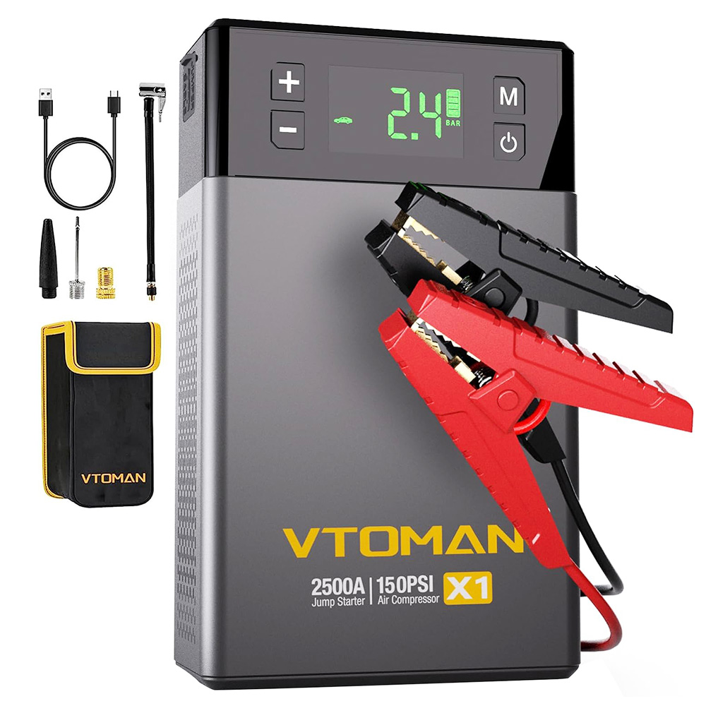 

VTOMAN X1 Jump Starter with 100PSI Air Compressor, 2500A Peak Car Starter, 12V Lithium Jump Box, Auto Battery Booster Pack, 18000mAh Power Bank, 400 Lumen LED Light