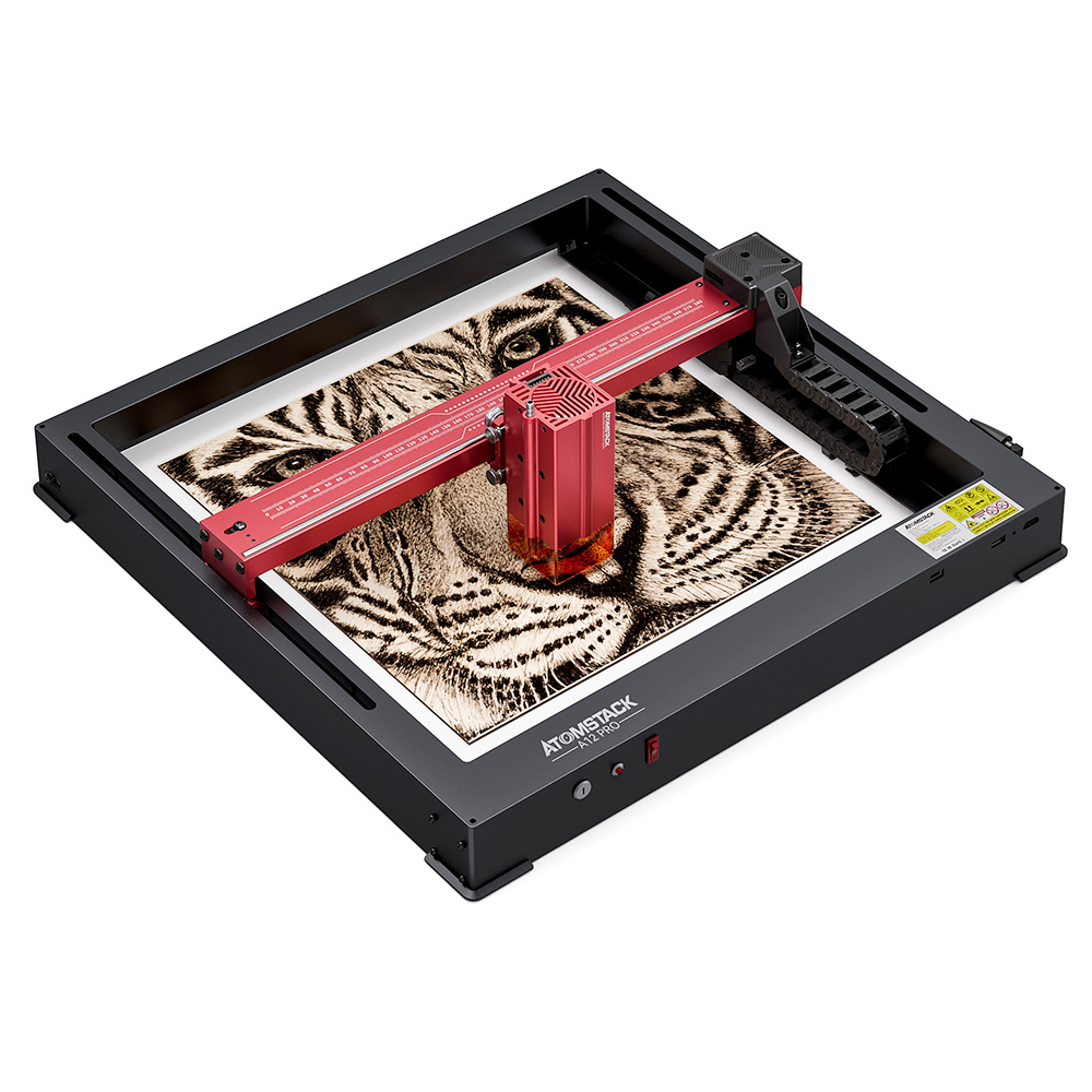 

ATOMSTACK A12 PRO 12W Laser Engraver Cutter, Fixed Focus, 0.02mm Engraving Precision, 600mm/s Engraving Speed, 32-bit Motherboard, Cross Laser Positioning, App Control, Unibody Frame, 365x305mm