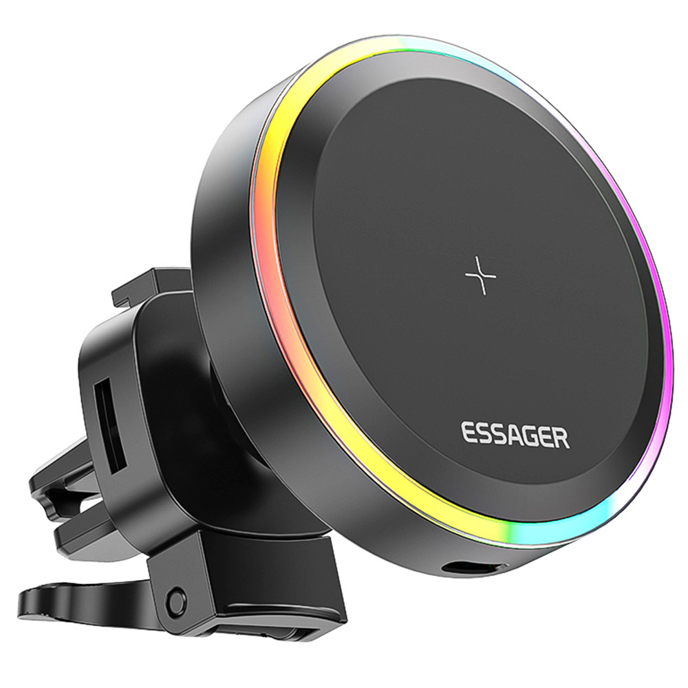 

ESSAGER Qi 15W Car Phone Holder, RGB Magnetic Wireless Charger, for iPhone 15 14 13 Pro Max Samsung Smartphone - Air Outlet Type, Black