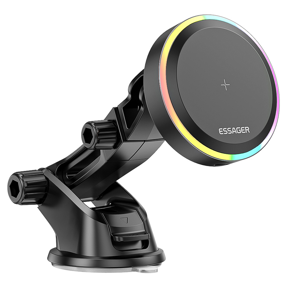 

ESSAGER Qi 15W Car Phone Holder, RGB Magnetic Wireless Charger, for iPhone 15 14 13 Pro Max Samsung Smartphone - Suction Cup Type, Black