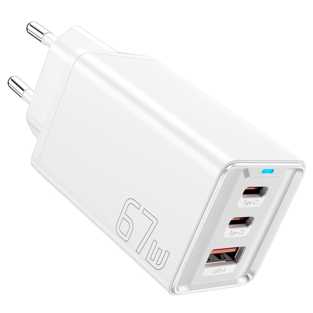 ESSAGER 67W GaN Charger, 2 Type-C + 1 USB-A, PD 3.0 QC 3.0 Fast Charging, Intelligent Charging Protection, for Huawei / Samsung / OPPO / iPhone 15 / Laptop, EU Plug - White