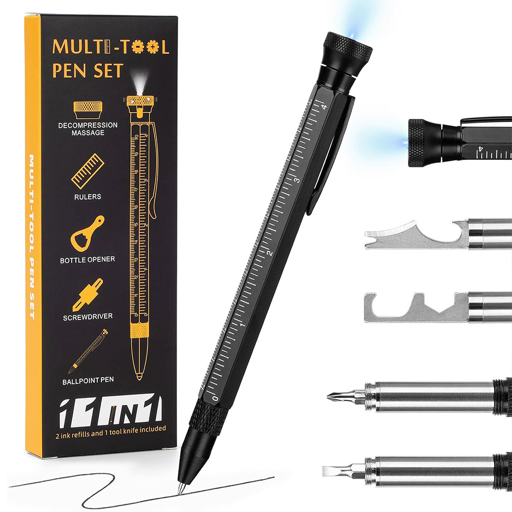 

HMP P256 12-in-1 Multitool Pen, with LED Light, Decompressor Massager, Screwdrivers, Rulers, Bottle Opener, Hexagonal Wrench, Phone Holder Function - Black