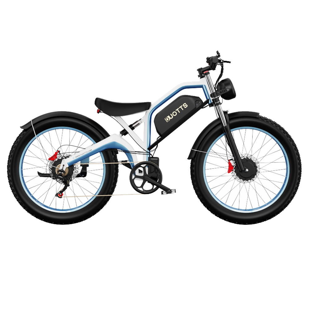 

DUOTTS N26 Electric Bike, 750W*2 Motors, 55km/h Max Speed, 26*4.0" Inflatable Tires, 48V 20Ah Samsung Battery, 120-150km Range, Shimano 7-Speed, 200kg Max Load - White