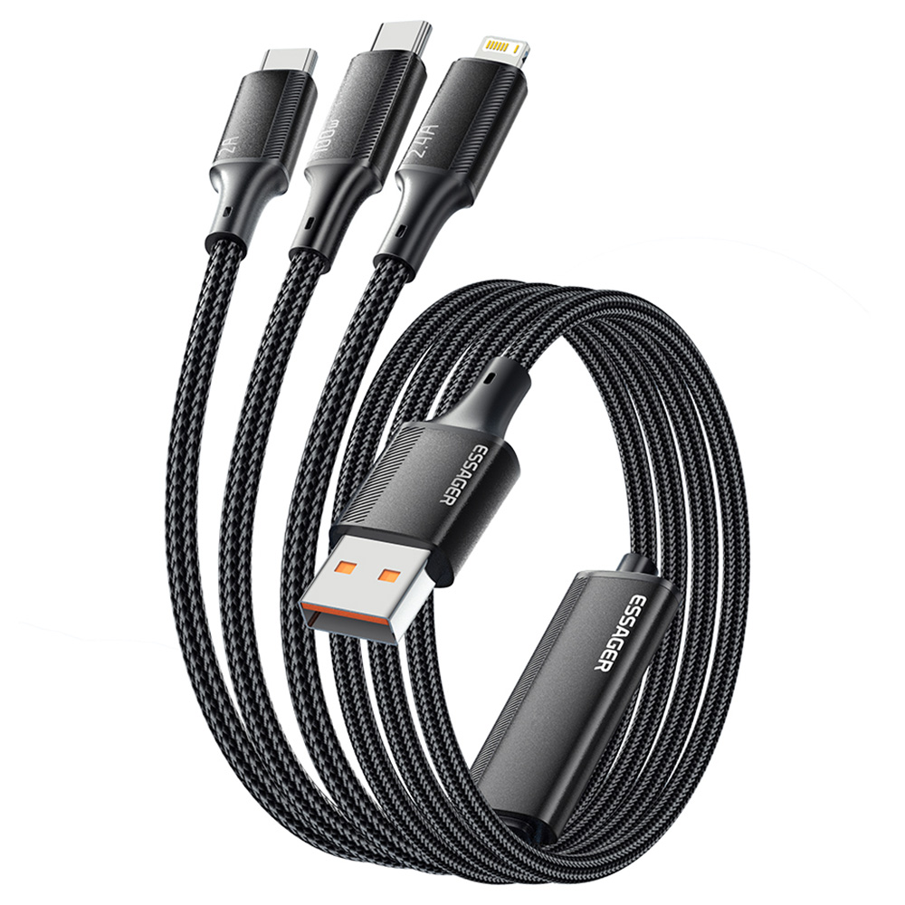 

ESSAGER 100W 3 in 1 USB A to USB C, Lightning, Micro Data Cable - Black