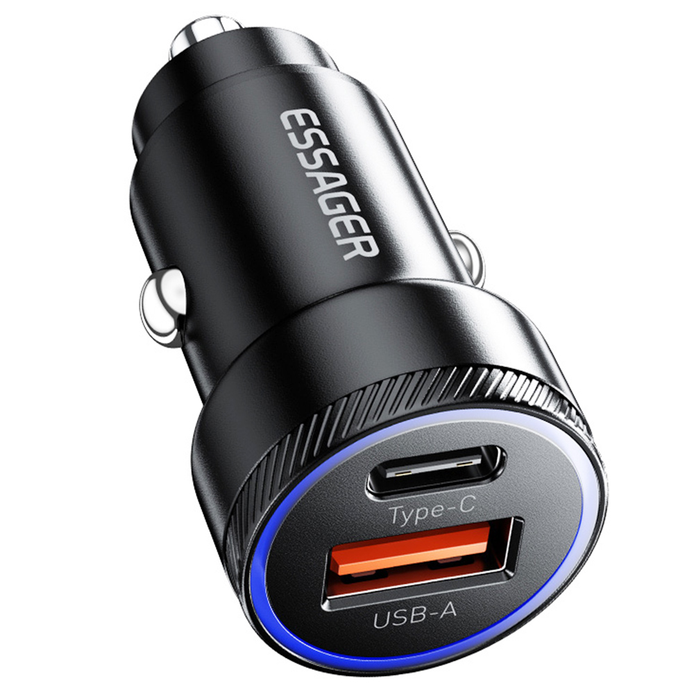 

ESSAGER 54W Car Charger, USB-A+Type-C 2 Ports, PD Quick Charging, Ambient Light, Intelligent Chip - Black